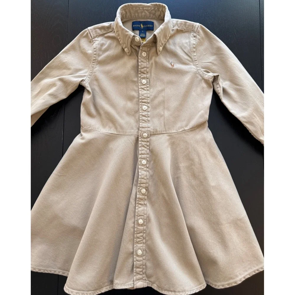 Ralph Lauren Girls Shirt Dress Size 5 Khaki Long Sleeve Button-Down Prep School